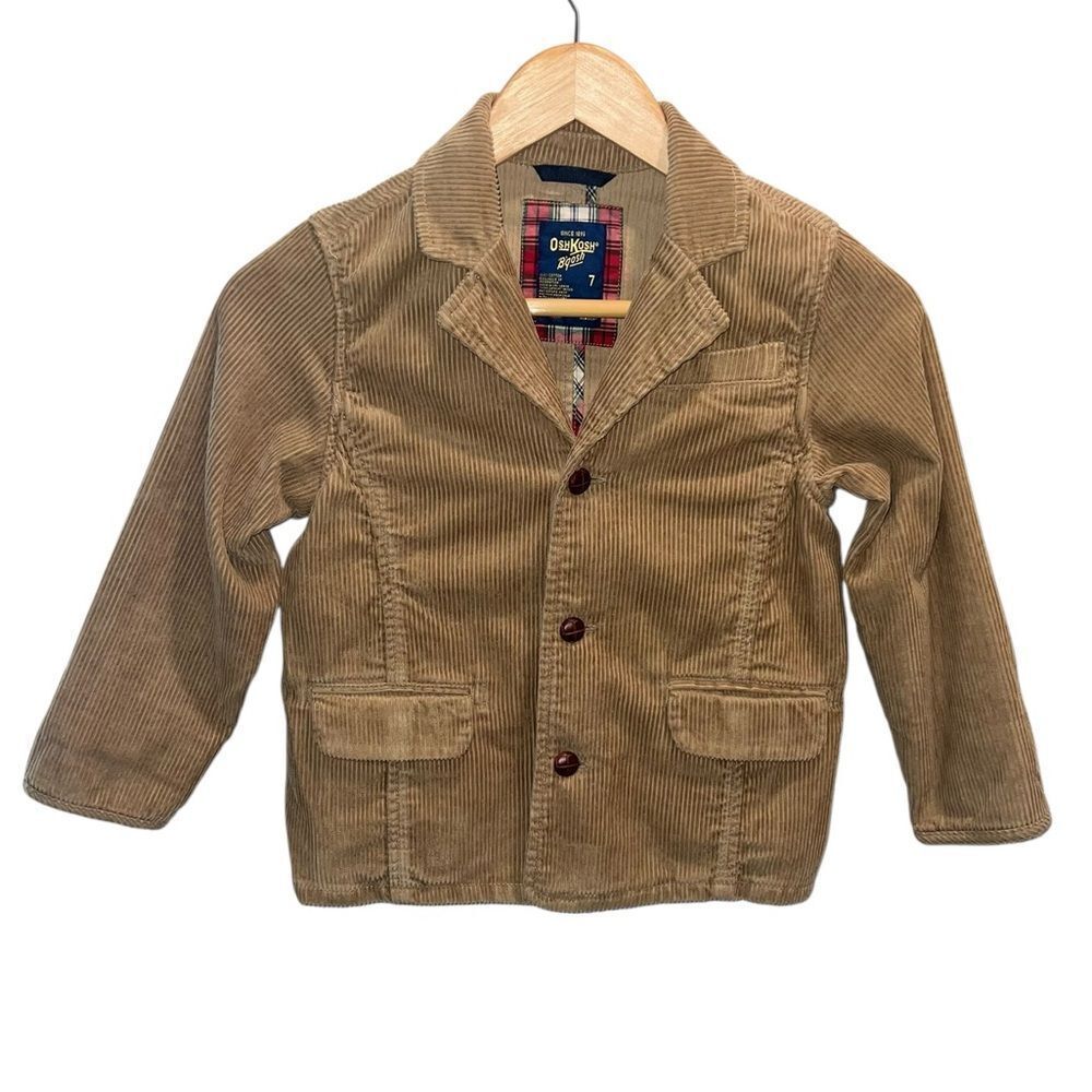 OshKosh B’gosh Boys Size 7 Tan Corduroy Blazer Plaid Lined Jacket